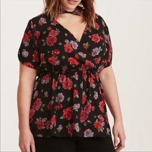 FLORAL PRINT SATIN SURPLICE BABY-DOLL TOP